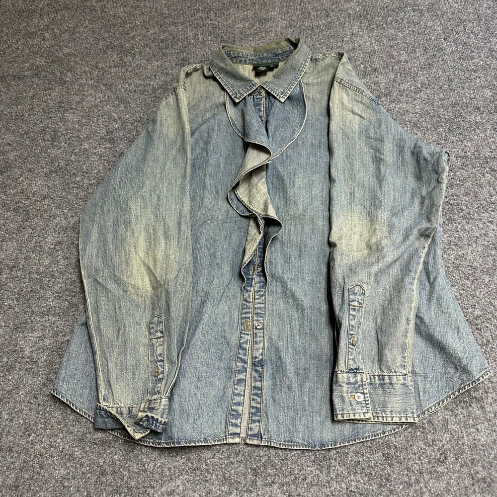 Lauren Ralph Lauren Denim Shirt Womens Size 2X Blue Ruffle Front Long Sleeve Top